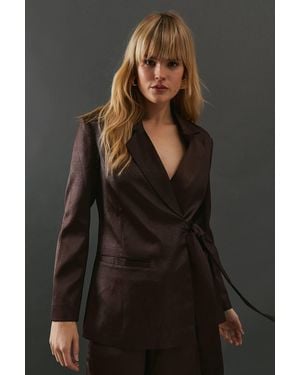 Warehouse Crackled Satin Tie Side Blazer - Gray
