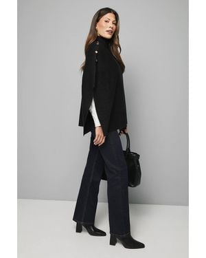Wallis Button Detail High Neck Knitted Poncho Sweater - Black