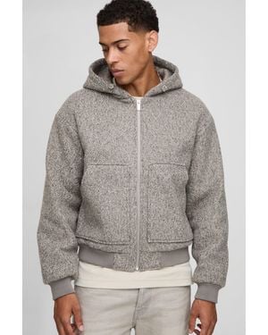BoohooMAN Oversized Boxy Hooded Melton Bomber Jacket - Grau