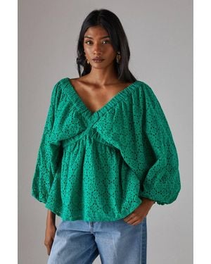 Warehouse Blouson Broderie Top With Grown On Sleeve - Green