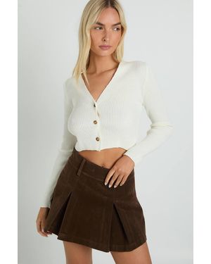 Boohoo V Neck Button Up Skinny Rib Cardigan - White