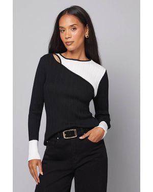 Wallis Color Block Rib Detail Knitted Top - Black