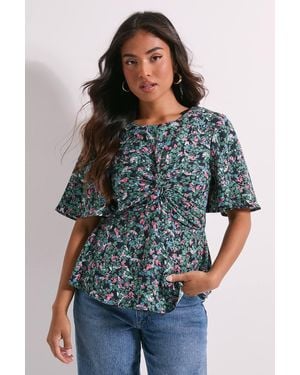 Dorothy Perkins Petite Ditsy Twist Front Angel Sleeve Top - Multicolor