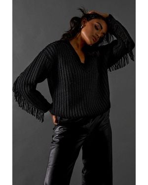 Warehouse Fringed Back V Neck Sweater - Black