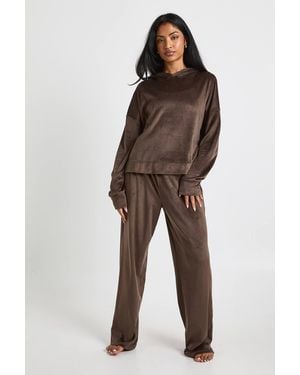 Boohoo Velour Fleece Sweater & Sweatpants Lounge Set - Brown