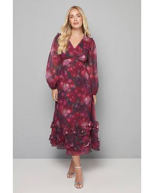Wallis Petite Floral Satin Ruffle Hem Midaxi Dress - Red