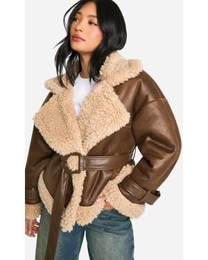 Boohoo Petite Belted Luxe Teddy Trim Jacket - Natural