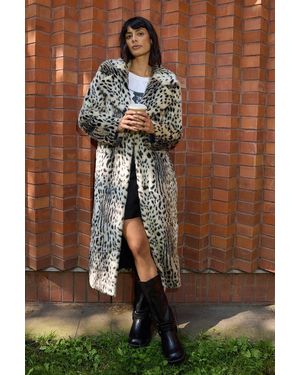 Warehouse Animal Maxi Collared Fur Coat - Gray