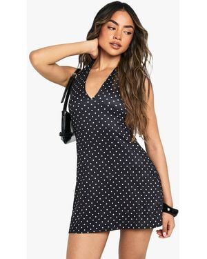 Boohoo Polka Dot Halter Neck Sleeveless A Line Mini Dress - Black