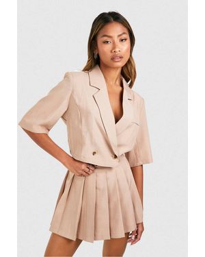 Boohoo Linen Look Boxy Crop Blazer - Natural