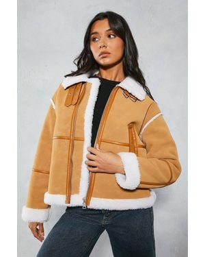 MissPap Textured Leather Look Paneled Aviator Coat - Blue