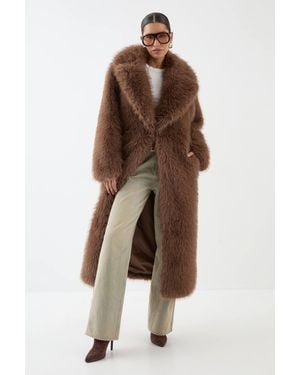 MissPap Long Faux Fur Wide Collar Coat - Brown