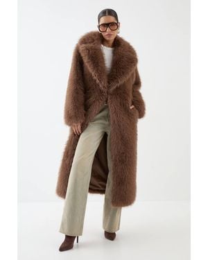 MissPap Long Faux Fur Wide Collar Coat - Brown