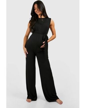 Boohoo Maternity Rib Belted Sleeveless Lounge Jumpsuit - Black