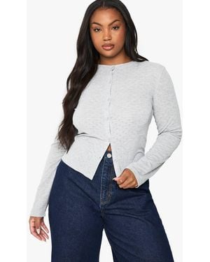 Boohoo Plus Pointelle Long Sleeve Button Down Fitted Top - Blue