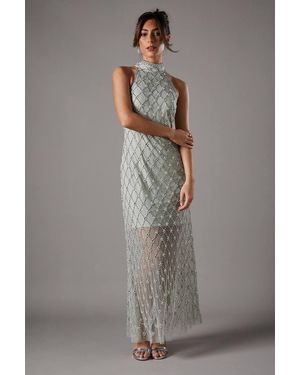 Coast All Over Embellished High Neck Dress - Gray