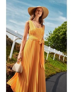 Coast Lisa Tan Polo Pleated Cotton Belted Midi Dress - Yellow