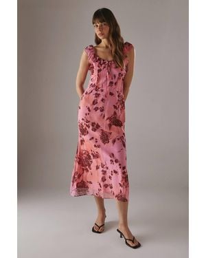 Warehouse Floral Chiffon Ruffle Double Layer Midi Dress - Pink