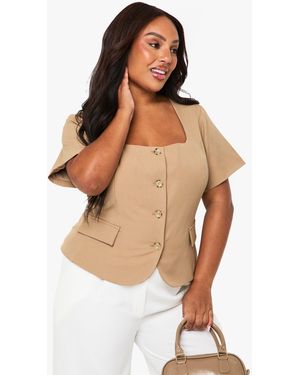 Boohoo Plus Square Neck Cinched Waist Short Sleeve Blazer - White
