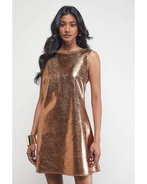 Warehouse Metallic Faux Reptile Leather Sleeveless Mini Dress - Brown