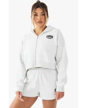 DSGN Studio Dsgn Studio Embroidered Boxy Crop Zip Through Hoodie - White
