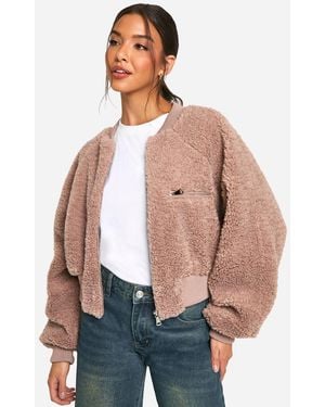 Boohoo Rib Teddy Bomber Jacket - Natural