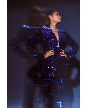 Boohoo Velvet Sequin Plunge Front Blazer - Blue