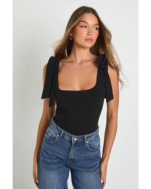 Boohoo Ribbed Bow Shoulder Detail Top - Blue