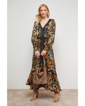 Oasis Printed Lace Trim Detail High Low Hem Midi Dress - Natural