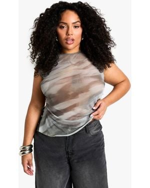 Boohoo Plus Printed Mesh Ruched Side Top - Black