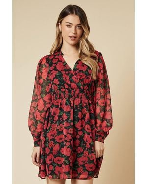 Dorothy Perkins Spaced Floral Chiffon Shirred Waist Long Sleeve Mini Dress