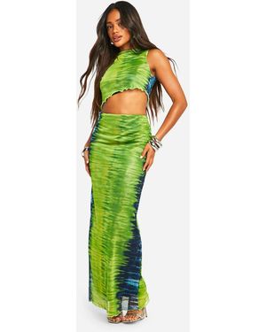Boohoo Asymmetric Printed Mesh Maxi Skirt - Green