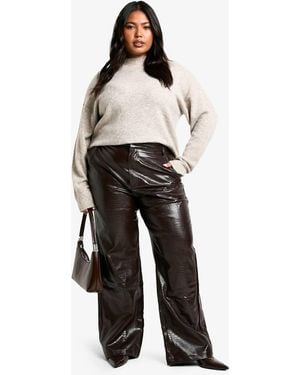 Boohoo Plus Croc Pu Straight Leg Trouser - Brown
