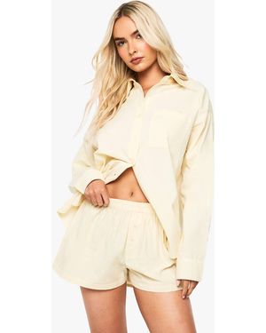 Boohoo Cotton Poplin Button Front Shorts - Natural
