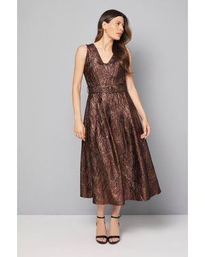 Wallis Metallic Jacquard Belted Midi Dress - Brown