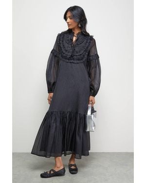 Oasis Premium Crinkle Stripe Organza Frill Pleat Detail Midi Dress - Blue
