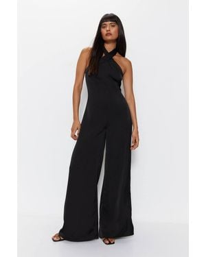 Warehouse Satin Halterneck Jumpsuit - Black