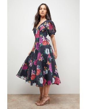 Oasis Printed V Neck Puff Sleeve Midaxi Dress - White