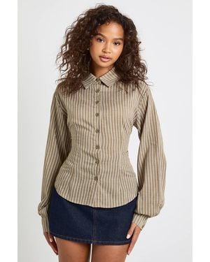 Boohoo Stripe Cinched Waist Shirt - Blue