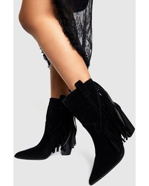 Boohoo Faux Suede Fringe Tassel Detail Heeled Western Ankle Boots - Black