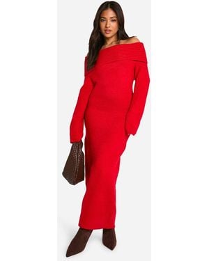 Boohoo Plus Premium Oversized Rib Bardot Neckline Soft Knit Sweater Dress  in White | Lyst