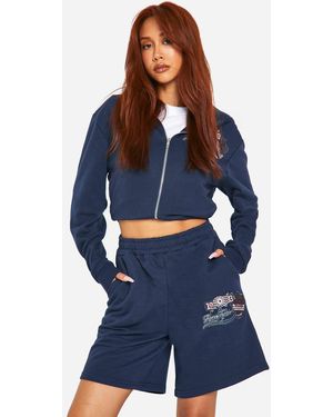 Boohoo Motorcross Applique Badge Zip Through Crop Hoodie - Blue