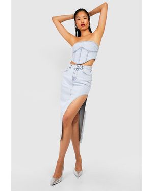 Boohoo Thigh Split Denim Midaxi Skirt - Blue