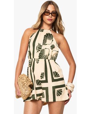 Boohoo Shell Print Linen Look Ruched Romper - White