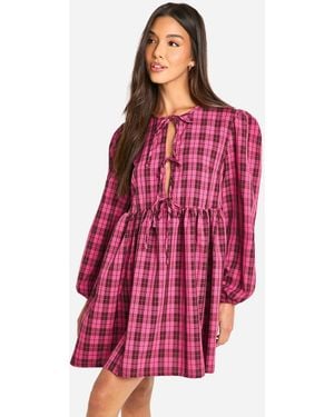Boohoo Flannel Tie Front Smock Dress - Red