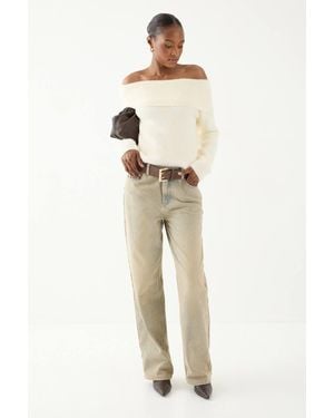 MissPap Eyelash Knit Fold Over Detail Top - Natural