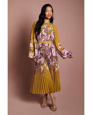 Coast Long Sleeve Floral Pleated Georgette Midi Dress - Yellow