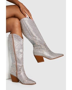 Boohoo Premium Embellished Knee High Western Boots - Grey