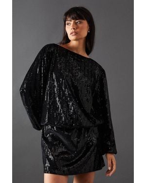 Warehouse Velvet Sequin Blouson Long Sleeve Mini Dress - Gray