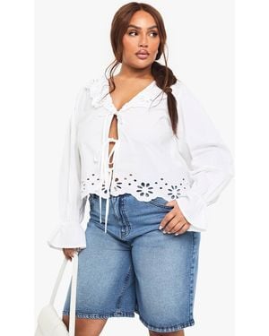 Boohoo Plus Broderie Tie Detail Blouse - White